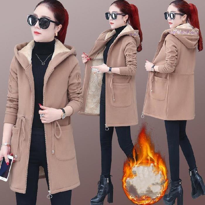 Women's Autumn and Winter Fleece-lined Thickened Lamb Wool Jacket Medium-length Cardigan Sweatshirt