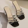 Thick heel cool slippers foreign trade European and American middle heel fashion shoes square head rhinestone women's shoes transparent high heel slip