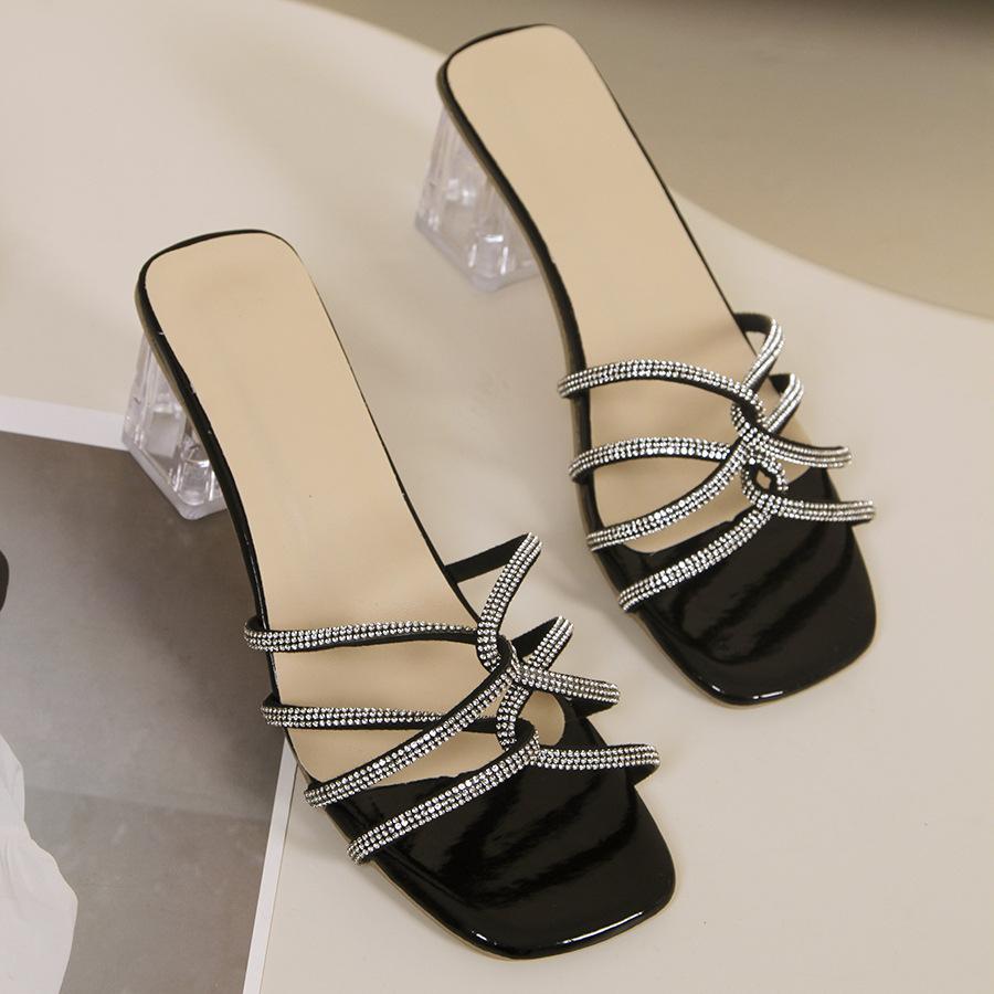 Thick heel cool slippers foreign trade European and American middle heel fashion shoes square head rhinestone women's shoes transparent high heel slip