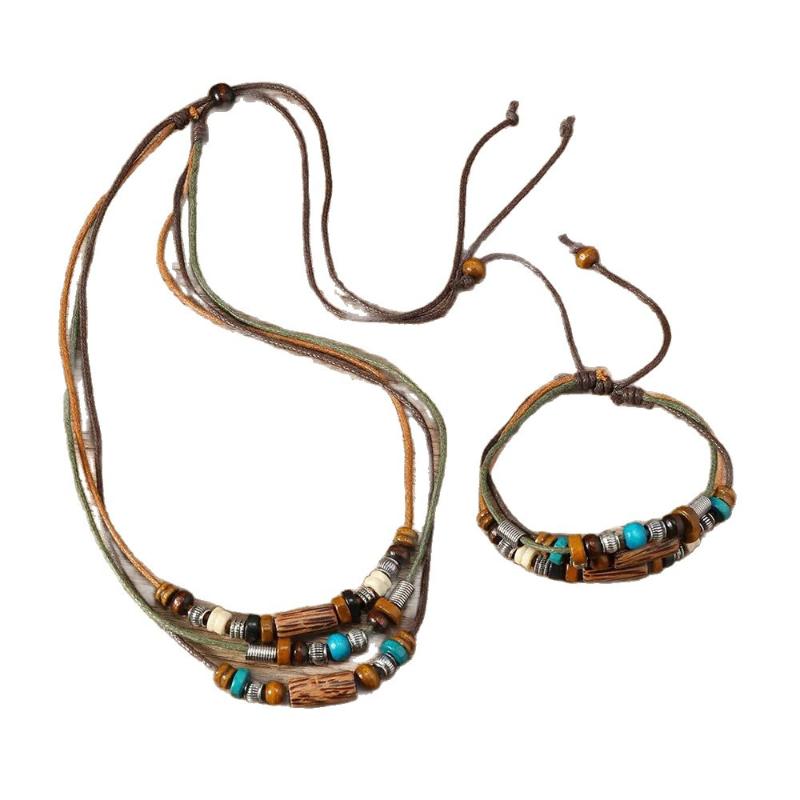 2Pcs/Set Multi-Layer Vintage Wood Beads Pendant Leather Beaded Weaved Prayer Necklace& Bracelet  Jewelry Gifts