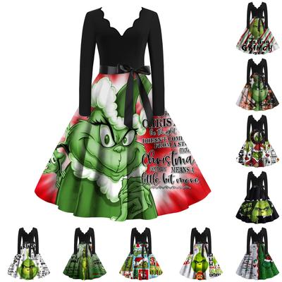 Damen Weihnachten Bedrucktes Patchwork Kontrast V-Ausschnitt Slim Fit Langarm Swing Kleid