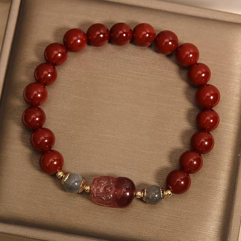 Women's Light Luxury Natural Red Agate, Gray Moonstone, and Strawberry Quartz Pixiu Wealth Bracelet