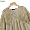 ZANZEA Women Hollow Lace Patchwork V-Neck 3/4 Sleeve Loose Casual Blouse