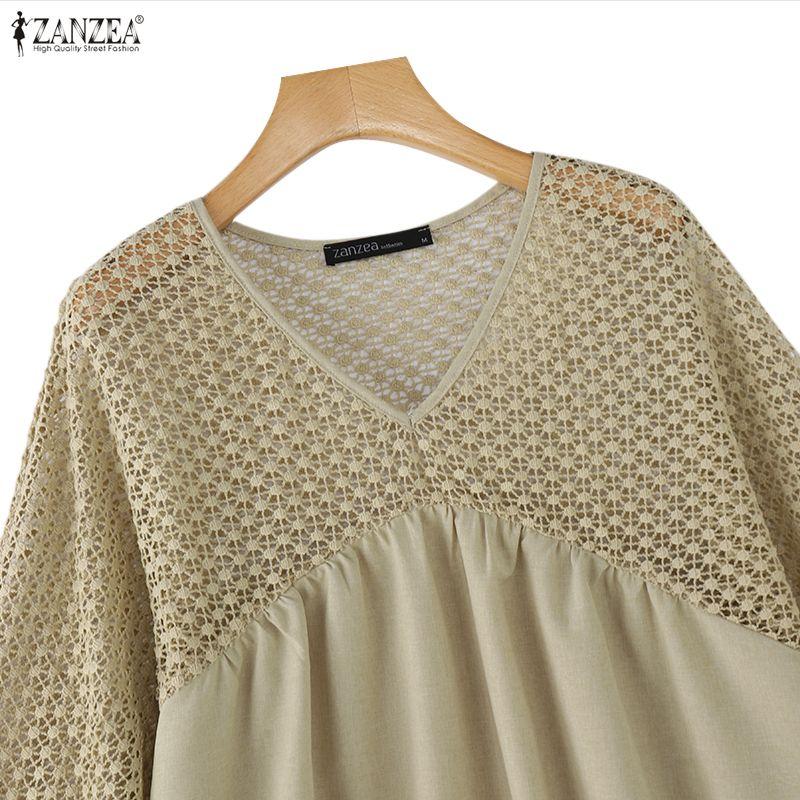 ZANZEA Women Hollow Lace Patchwork V-Neck 3/4 Sleeve Loose Casual Blouse