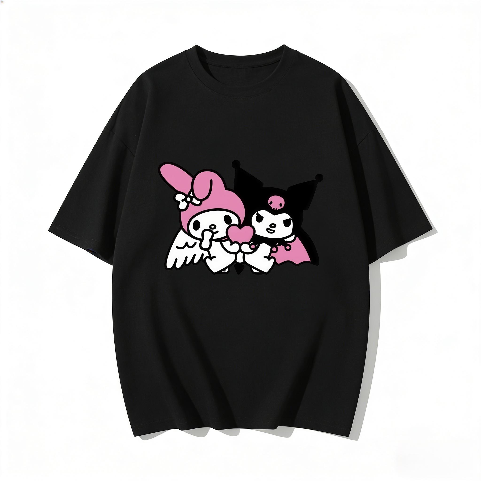

2026 New My Melody Kuromi Angel Devil Heart Cartoon Print Tshirt Family Matching Outfits Casual Short Sleeve Tee Women Unisexs S