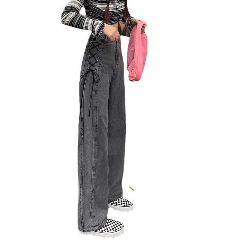 

Весна 2022, женские прямые джинсы с высокой талией на шнуровке, женские широкие джинсы, мешковатые женские джинсовые капри, брюки, джинсовые брюки для мамы XXXXXL серый