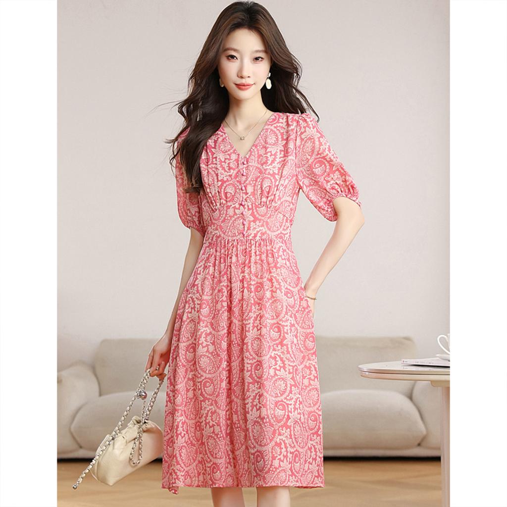 Short-Sleeved Chiffon Floral Dress for Short Stature In Summer