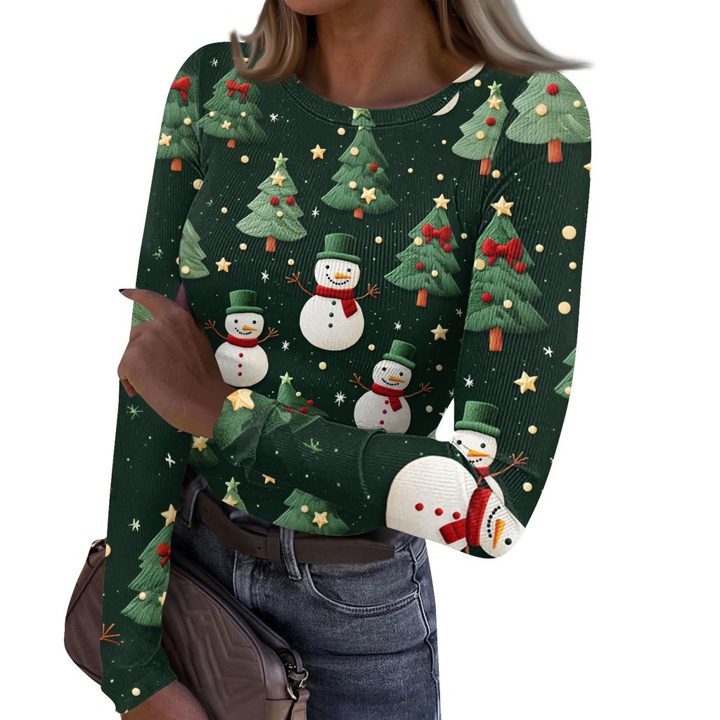 Women's  And Winter Slim Bottom T-shirt Fashion Casual Christmas Printed Round Neck Pullover Long Sleeve Top