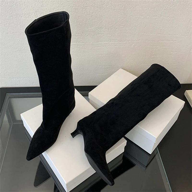 Fashion 2024 autumn and winter new style simple temperament bottom heel pointed high boots comfortable solid color wide boots