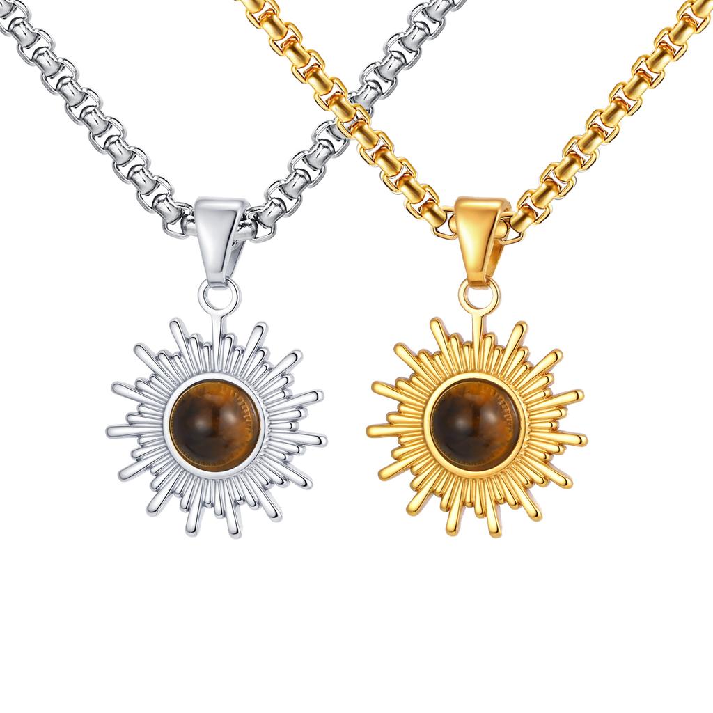 Fashion Sun Tiger Eye Nature Stone Pendant Necklace for Men, Silver Color Stainless Steel Necklace, Punk Personalized Jewelry