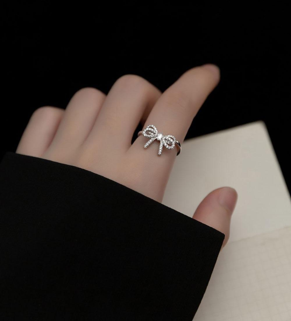 Gold Sliver Color Bow Shape Paved Diamond Cuff Rings For Women Adjustable Finger Accessory