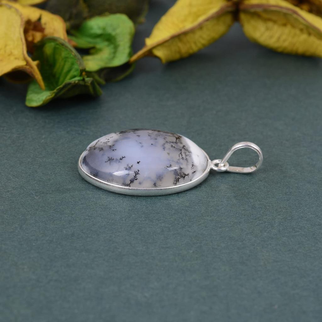Oval Cabochon Dendrite Agate Pendant Solid 925 Sterling Silver Gemstone Pendant Without Chain Jewelry For Women or Girls - 5.72 Gms