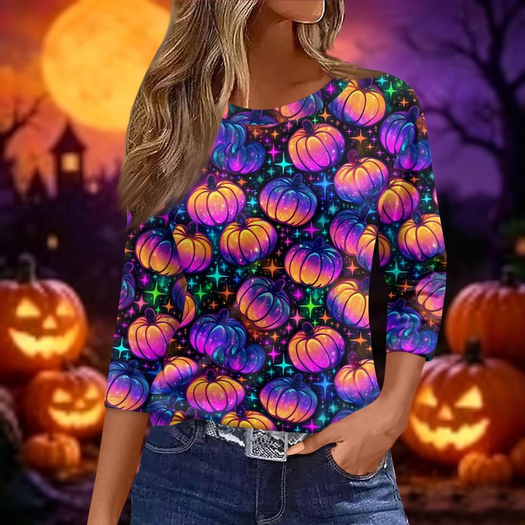 Women's Halloween and Pumpkin Print Short Sleeve Round Neck T-Shirt Casual Pullover Top