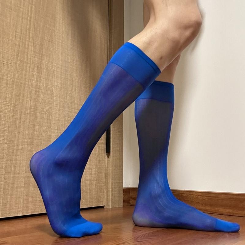 Mens Nylon Sheer Suit Socks Business Dress Socks Elastic Wide Striped See Through Formal Dress Over the Calf Stockings