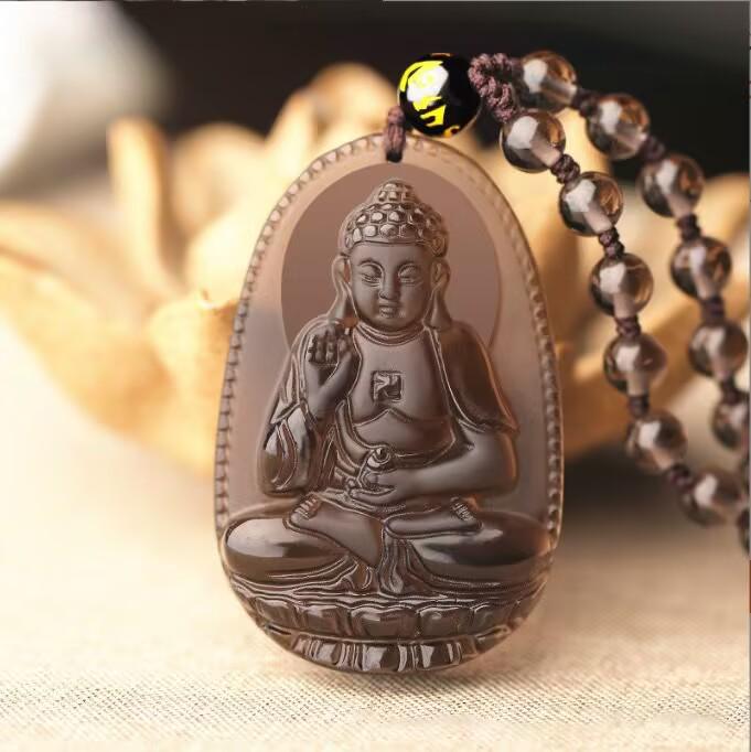 Obsidian Zodiac Pendant Necklace Featuring Akasagarbha, Samantabhadra, and Manjushri Bodhisattvas for the Twelve Zodiac Signs