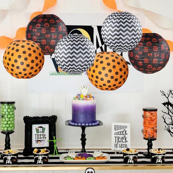 Halloween Lantern 12 Inch Paper Round Lantern Hanging Polka Dot Pumpkin Print Lantern Decoration for Party Supplies Photography Props