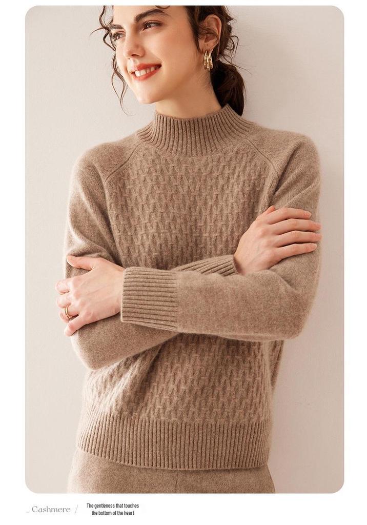 Women's Cashmere Cable Knit Sweater - Loose Fit, Double-Strand, Half-High Collar, Solid Color, Short Style, Perfect for Autumn and Winter