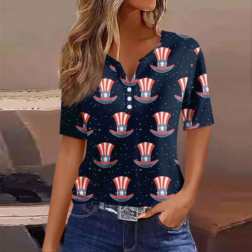Lässiges T-Shirt für Damen zum Unabhängigkeitstag, bedruckt, V-Ausschnitt, kurzärmlig, mit Knöpfen