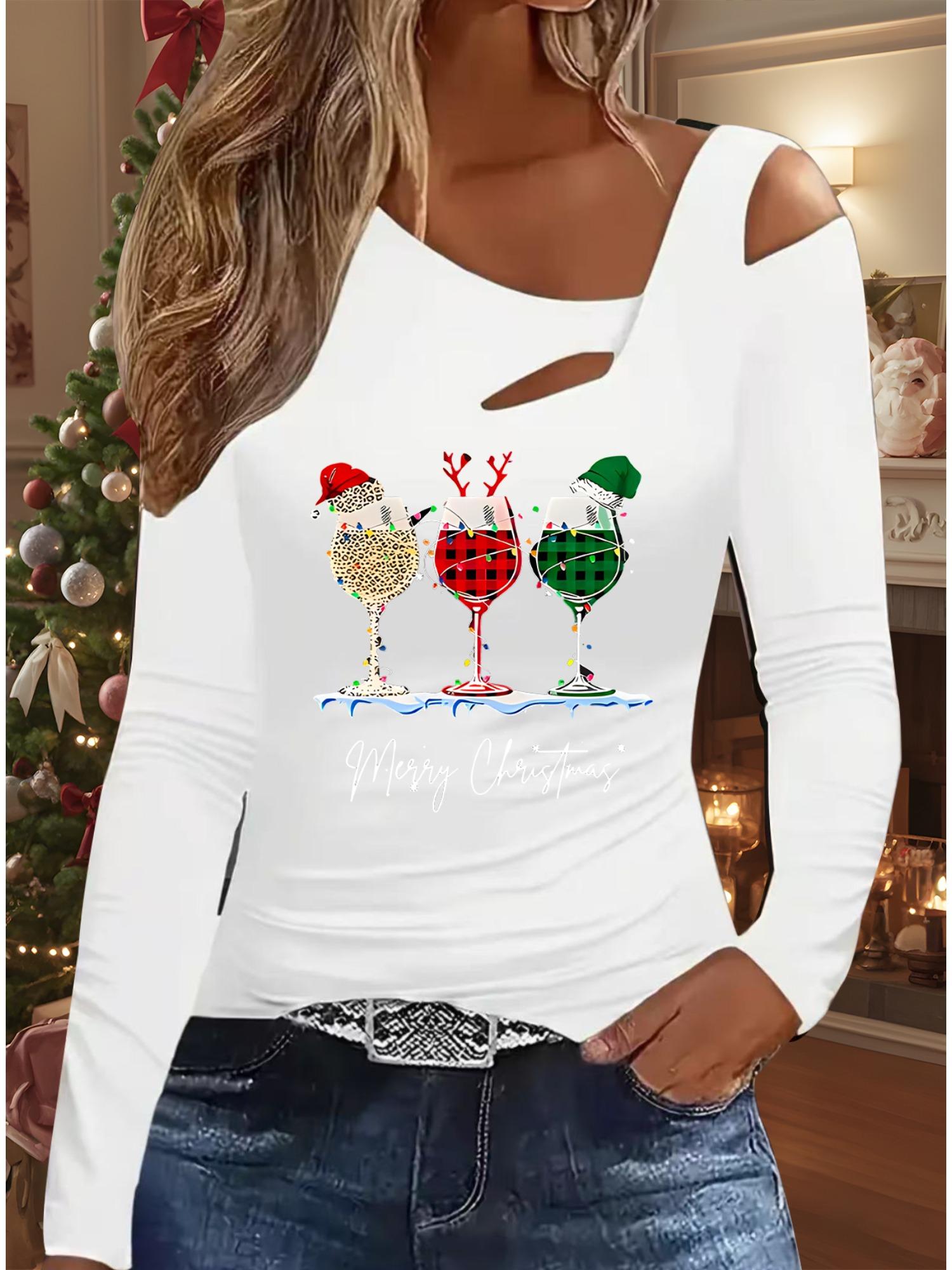 

Осень и Зима Женский Новый Повседневный Топ с Длинным Рукавом Рождественский Узор Идеальный Подарок на Хэллоуин Рождество Футболка XXL белый