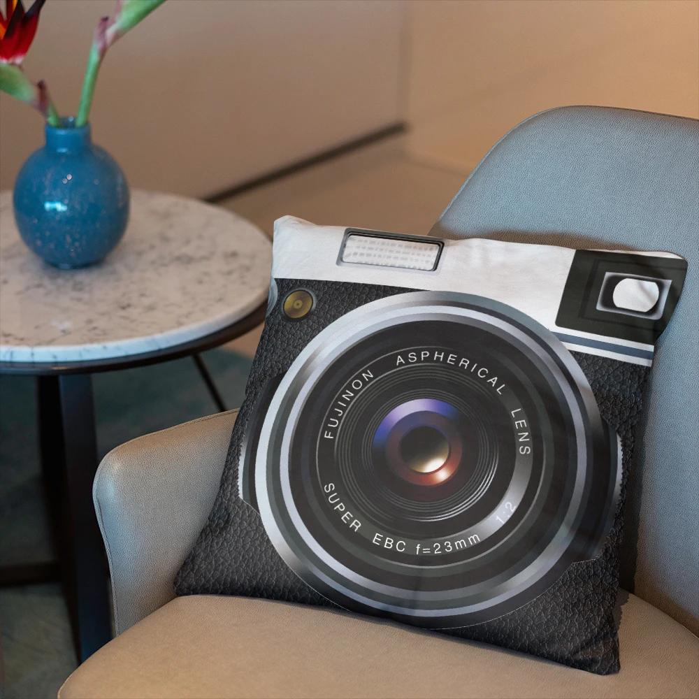 Fun Decorative Pillow Cover With Music Tape Print Cute Kawaii Camera Sofa Bedside Cushion Cover Short Plush Zipper Pillowcase