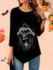 Women's Loose Round Neck Three Quarter Sleeve Tee 3D Halloween Pattern Ideal Halloween and Christmas Gift