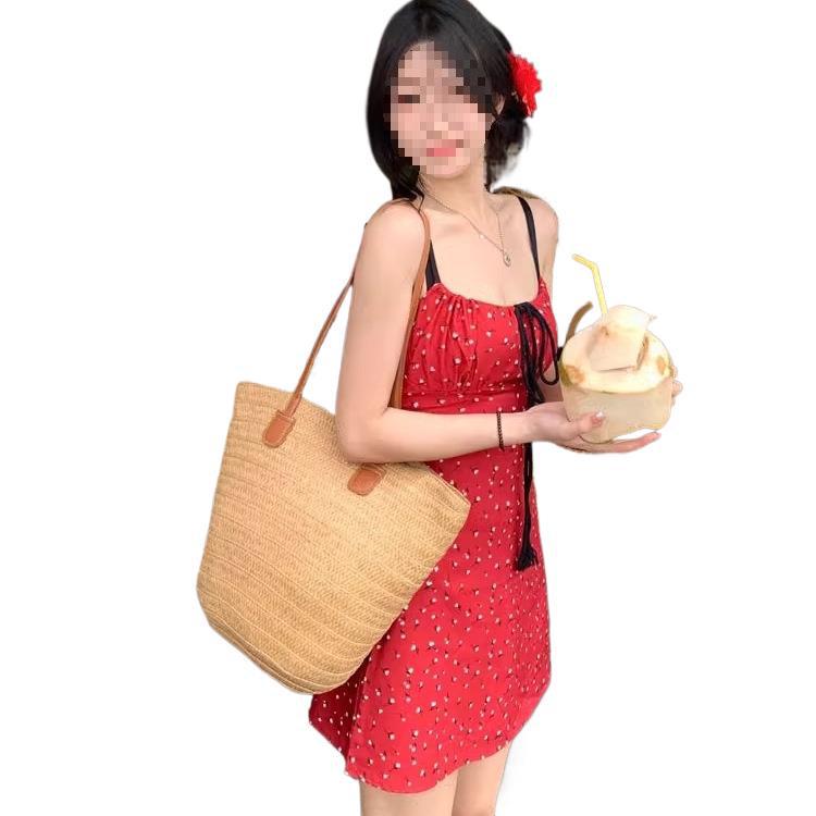 Petite French Red Floral Lace-up A-line Sling Dress