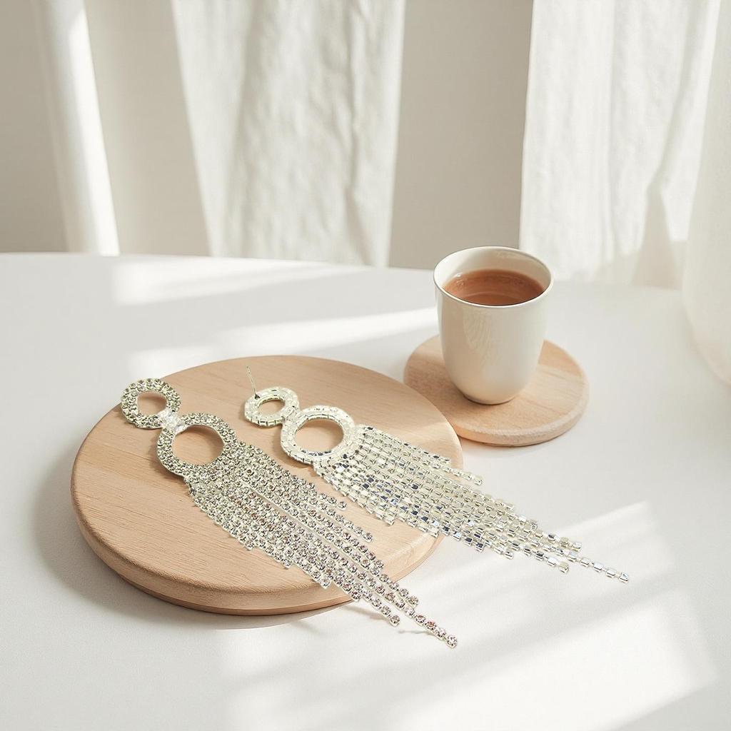 Exaggerated Trendy Long Tassel Rhinestone Circle Dangle Earrings with Micro-Pavé, Cross-Border Fashion High-End Design.