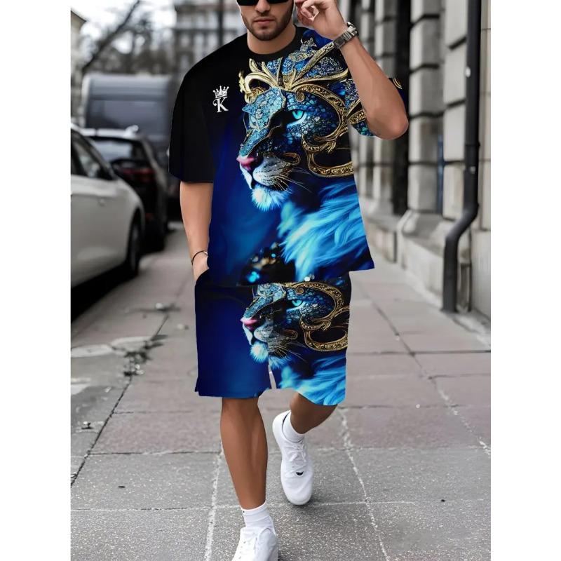 Summer Animal Lion Print Fashionable Comfortable Loose Fit Casual Sports Men's Short Sleeved Sport Wear