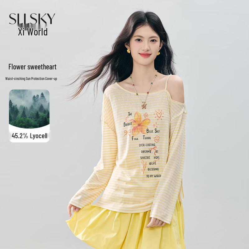 sllsky Women s Striped Off-Shoulder Long Sleeve Tencel Blend Top L