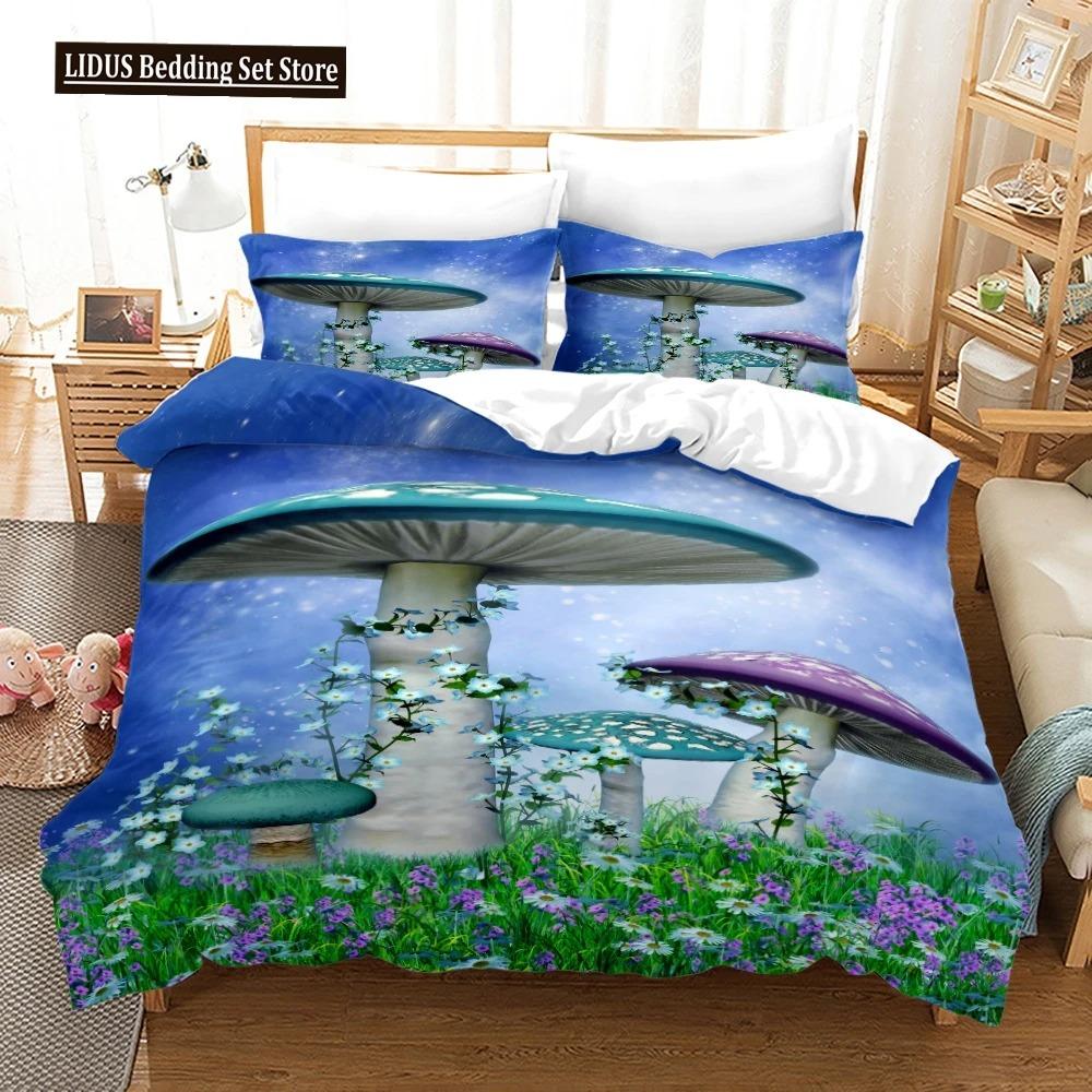 Mushrom Soft Duvet Cover Set King Quen Sized Dimensions Star Purple Blue Tripy Mushrom Patern Carton Polyester Beding Set For Kid Boy Girl