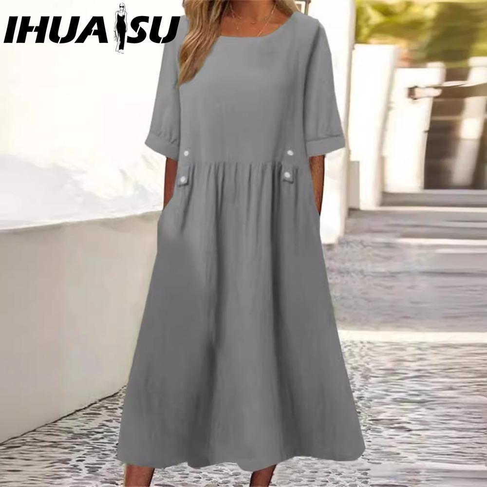 

IHUASU Женское миди-платье свободного кроя, двойные карманы, пуговичная отделка, круглый вырез, короткий рукав, летнее бохо-платье для работы XXXL серый