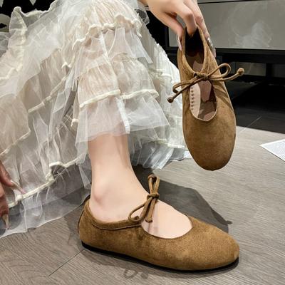 Fashion Casual Flat Shoes Women's Round Toe Shallow Suede Front Lace-up Soft Sole Anti-slip Wear-resistant Low-top Single Shoes