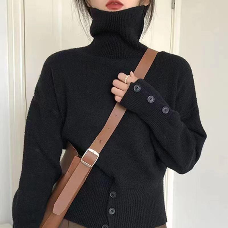 Solid color women high neck autumn winter retro Korean lazy pullover ins knit sweater