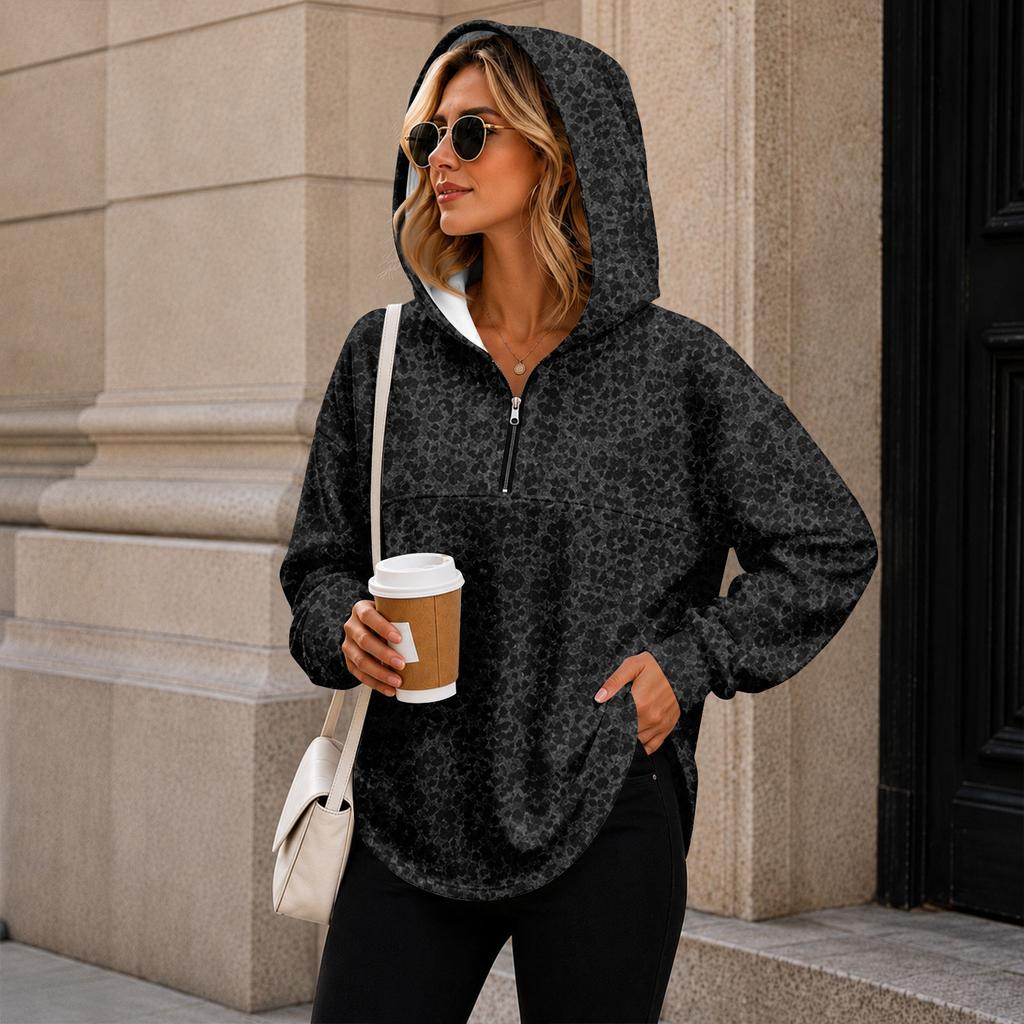 Women's Lightweight Quarter-Zip Hoodie Leopard Print Pullover Sweatshirt Without Pockets for Casual Wear
