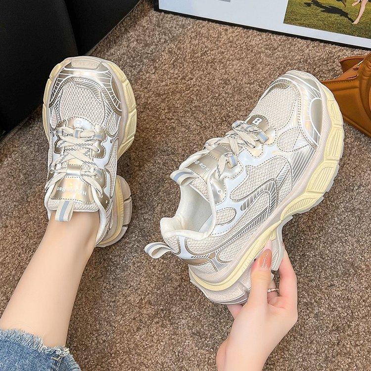 Silver Pops Shoes Women's Summer Mesh Thick Bottom White Shoes Outsole Show Foot Small Hiking Sneakers