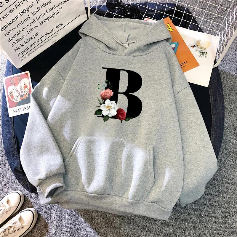 New in Womens Hoodies Casual Letters A-Z Printed Sweatshirts Sportswear Outdoors Sports Jogging Woman Clothing Running Grey Tops