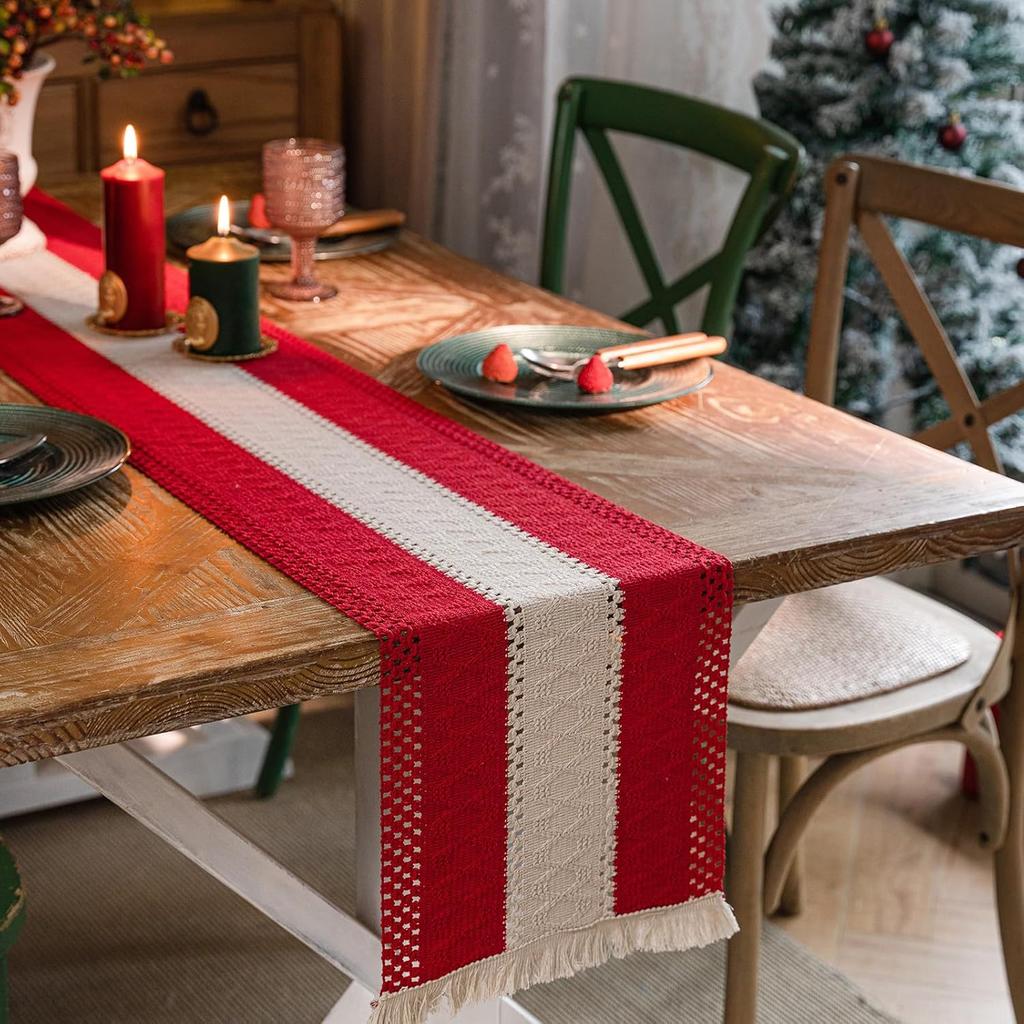 Böhmische Rustikale Hochzeitsdeko Baumwolle Leinen Tischläufer mit Quasten