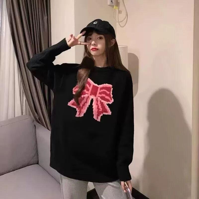 

Вязаный свитер с черным бантом, пуловер, женский ленивый пуловер, дизайн, сладкий осенний свободный свитер с круглым вырезом, пуловер, женский топ One Size чёрный