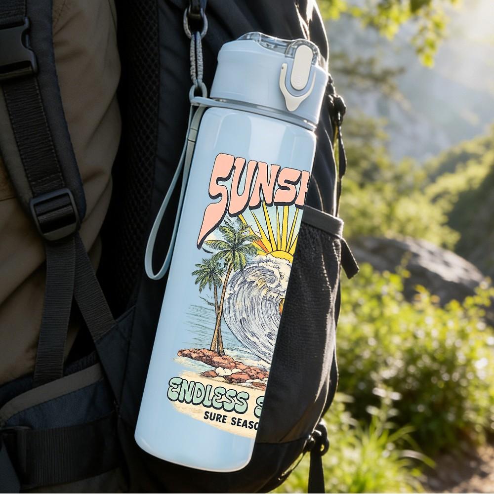 1PC Beach Wave Retro Poster Print 750ml Color Plastic Sports Water Bottle Leakproof Flip Straw Lid Suitable for Sports Office Home Use