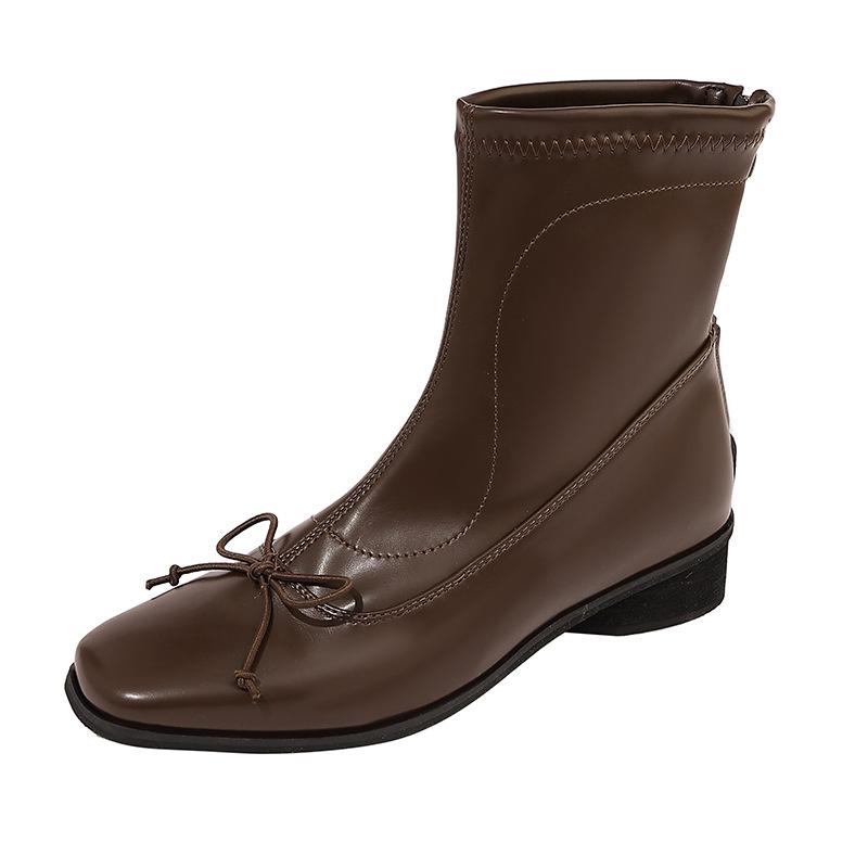 Gentle wind bow short boots autumn 2025 new square head flat bottom versatile women's boots solid color simple women's boots