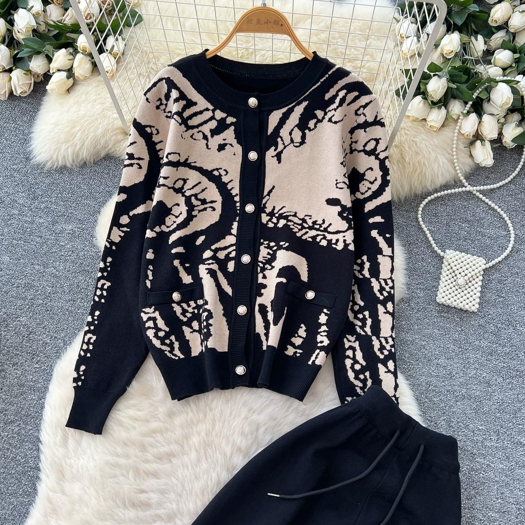 Autumn Winter Women Casual Print Knitted Sweater Trouser Two Piece Set Single Breasted Jacket Tops and Drawstring Pant Tracksuit