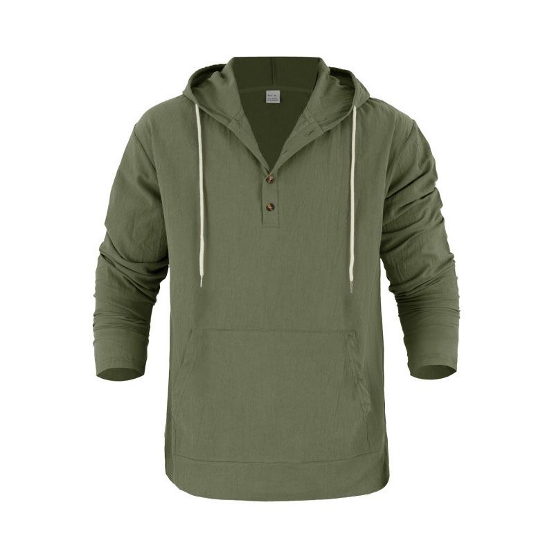 Men's Linen Hooded Long-Sleeved T-Shirt Beachwear & Leisurewear Loose Fit with Large Pockets Henley Neck Top