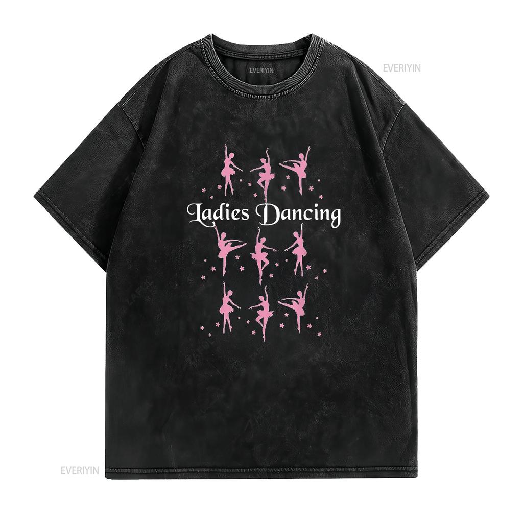 Damen Nine Ladies Dancing T-Shirt Lustig Weihnachten Schwarz Mittel Vintage Gewaschen Vielseitig Lässig Grafikdesigner Kleidung