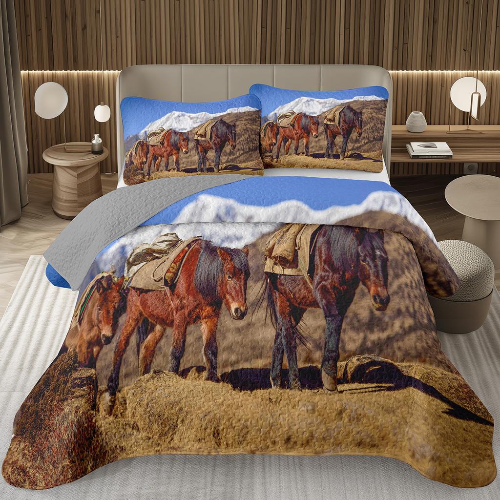 Running Wild Horses Print Quilted Bedspread Coverlet 2/3-Piece Rustic Bedding Set Reversible Lightweight Quilt Set Queen/Full