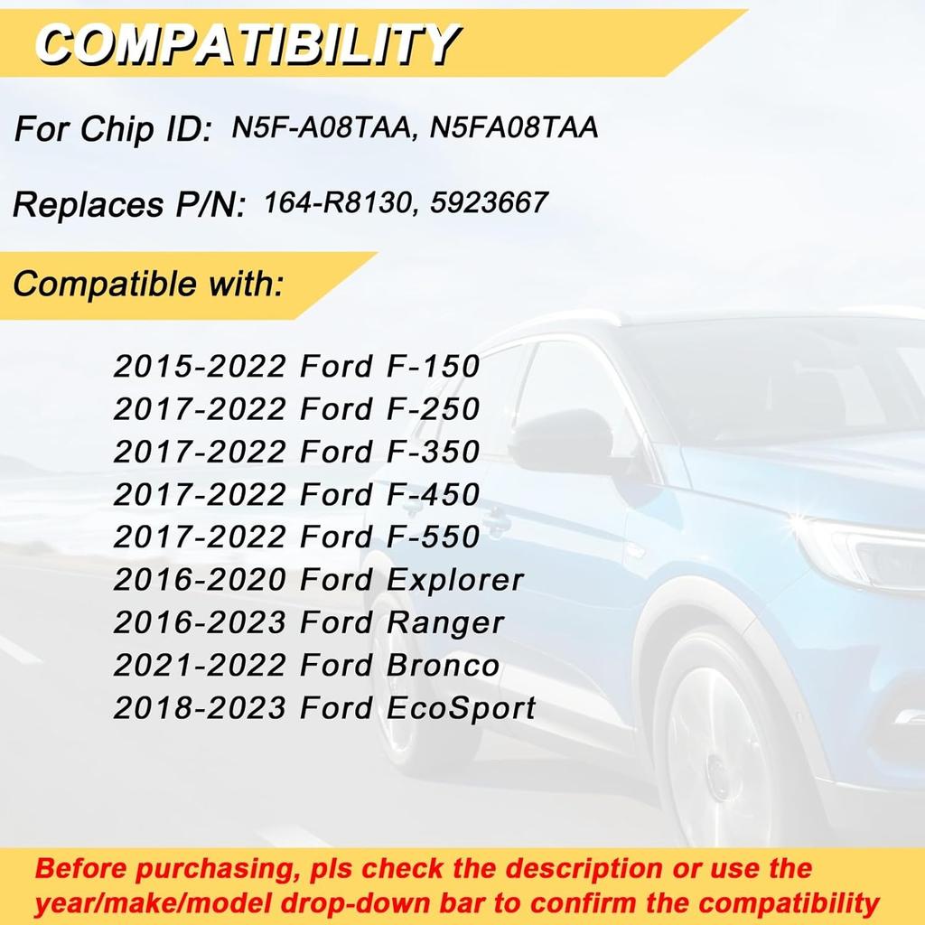 Key Fob for 2015-2022 Ford F-150, 17-22 F-250/F-350/F-450/F-550, 16-20 Explorer, 16-23 Ranger, 21-22 Bronco, 18-23 EcoSport, N5F-A08TAA, 3 Buttons