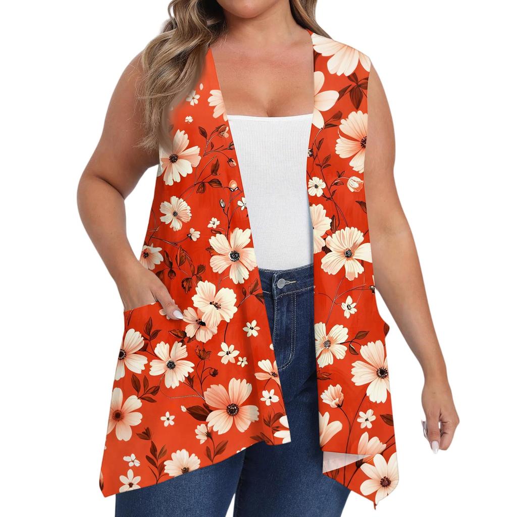 Women's Oversized Loose Casual Printed Sleeveless Vest With Pocket Cardigan Jacket Cardigan Jacket