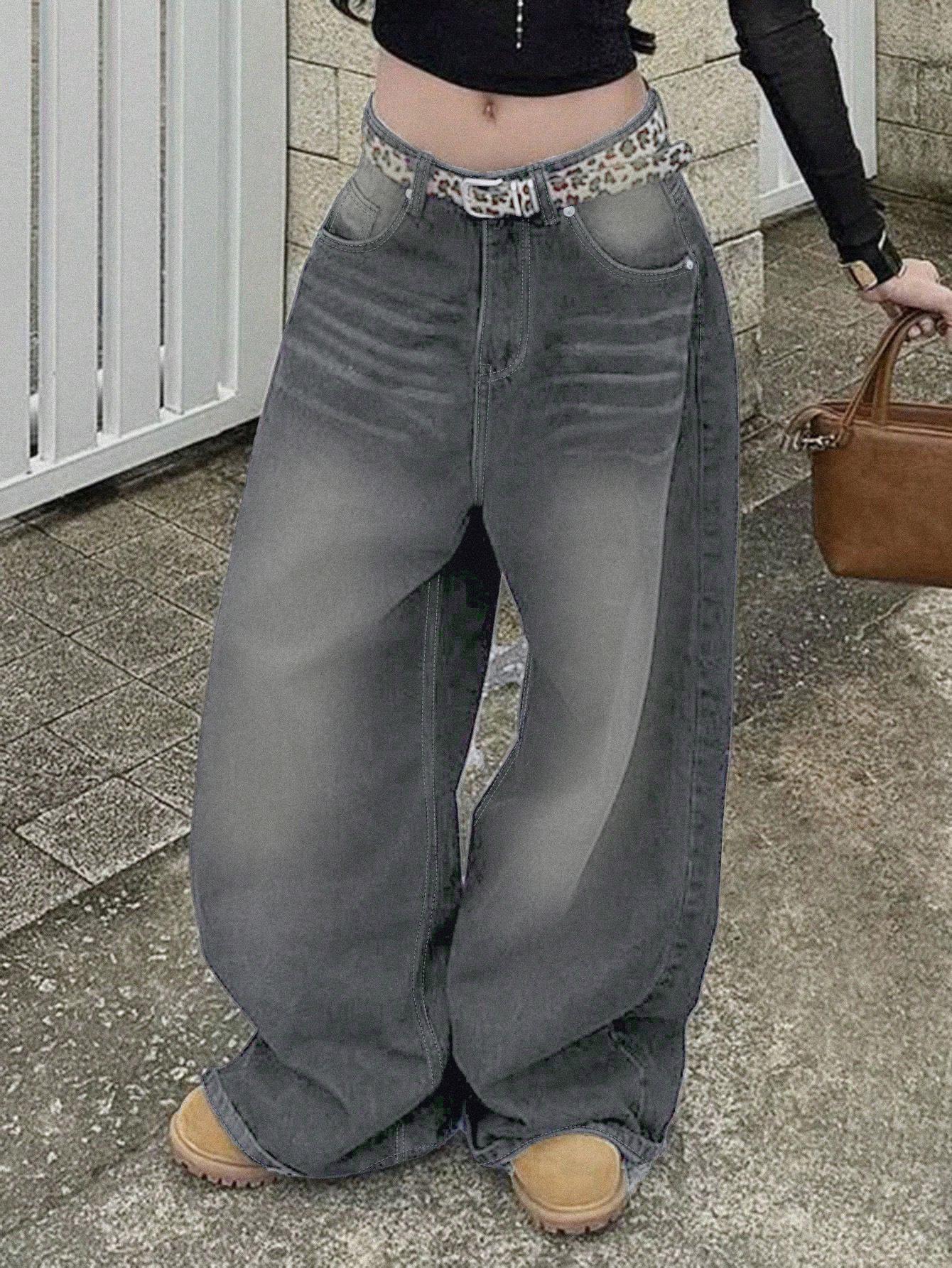 

Women s Washed Black Denim Wide-Leg Streetwear Pants (Belt Not Included) XL светло-серый