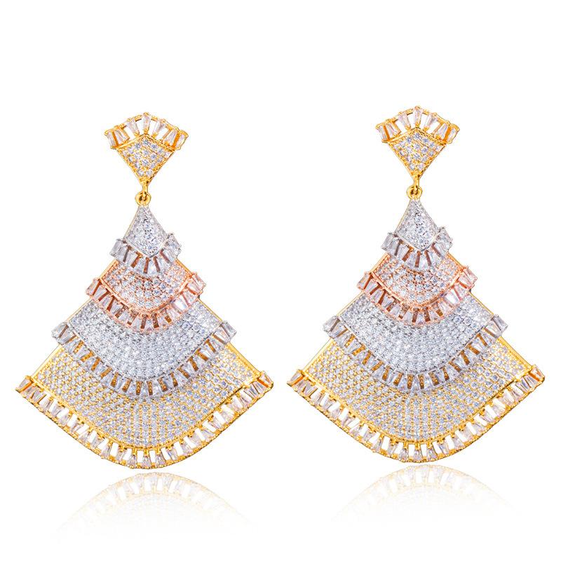 E0307 Middle East Personality Three-Color Full Diamond Zircon Earrings Needle Fan Earrings