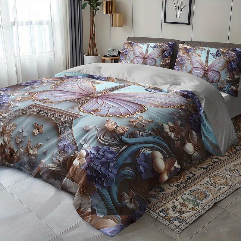 3Pcs Parisian Eiffel Tower Butterfly Floral Bedding Duvet Cover Set Elegant Butterfly Eiffel Tower Bedding Quilt Set Luxury