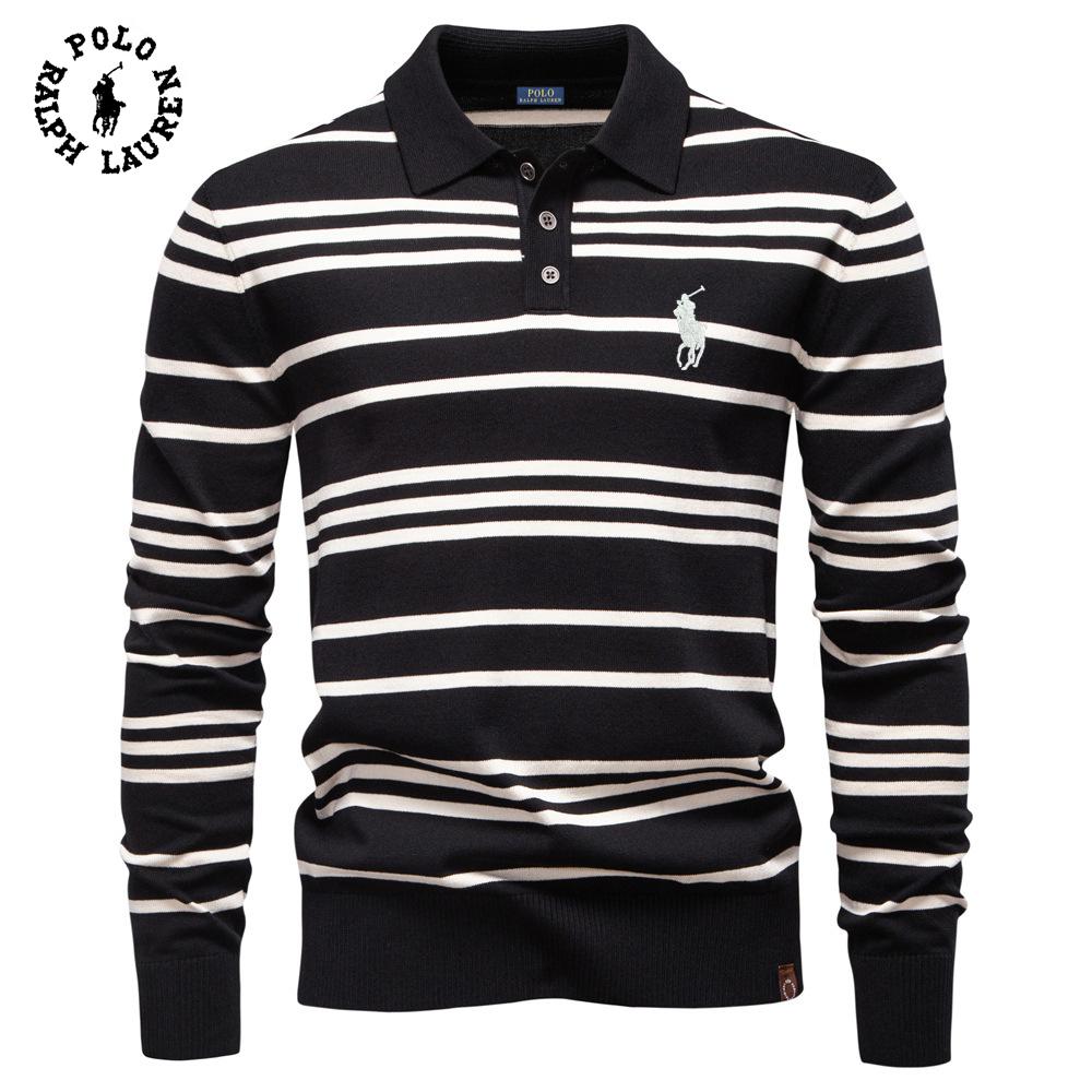 Polo Ralph Lauren 2025 Autumn/Winter Embroidery New Large Collar Men's Striped Sweater Polo Collar Knitted Sweater Men